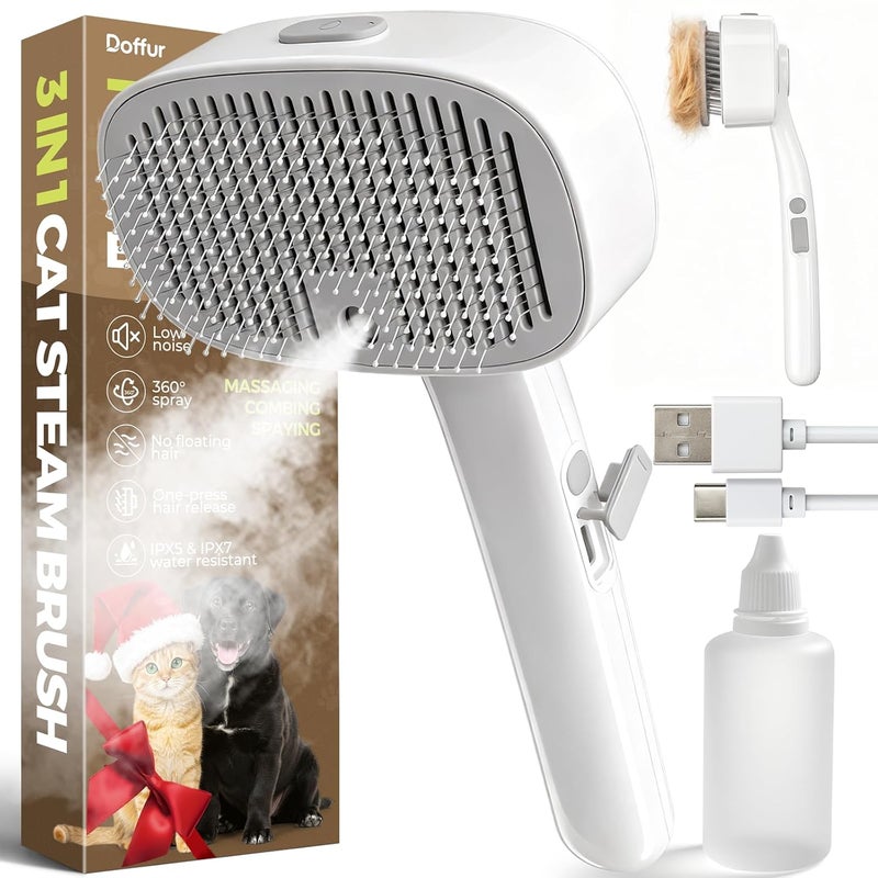Doffur Cat Steam Brush for Dogs and Cats - Dog Steam Grooming Rechargeable Brush for Shedding Control - Self Cleaning Spay Comb with Mist and 2 Mins Timer for Long & Short Haired Pets - Image 1